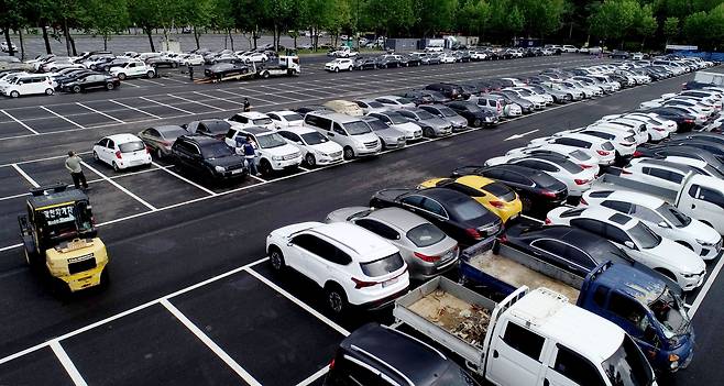 11일 오후 경기도 과천 서울대공원 주차장에 마련된 DB손해보험, 현대해상 임시 보상서비스센터에 연일 내린 집중호우에 침수 피해를 입은 차량들이 주차되어 있다./연합뉴스