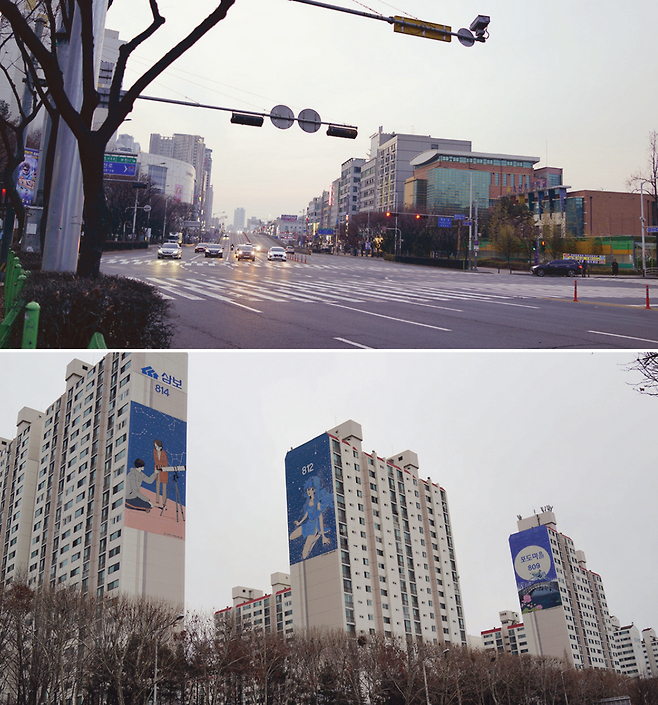 현재 부천시청이 자리잡은 길주로는 12차선의 넓은 길이다(위). 뉴코아아울랫 부천점에서 중동역으로 가는 길에 있는 아파트의 만화 벽화들.