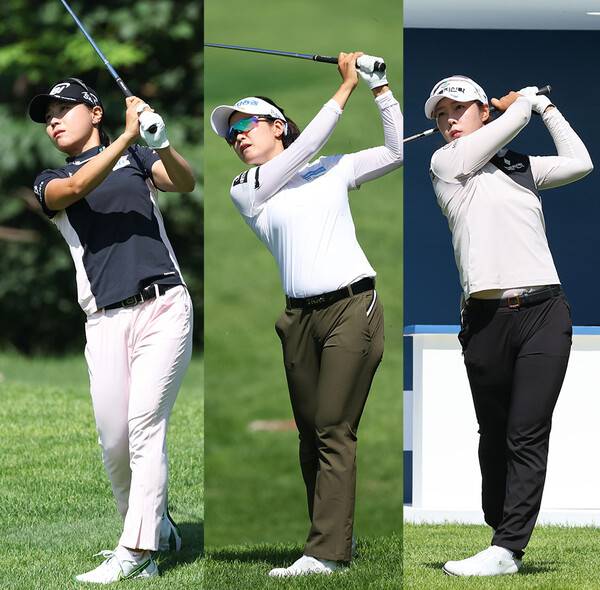 2022년 한국여자프로골프(KLPGA) 투어 대유위니아·MBN 여자오픈에 출전한 이소미, 박민지, 박지영 프로가 1라운드에서 경기하는 모습이다. 사진제공=KLPGA