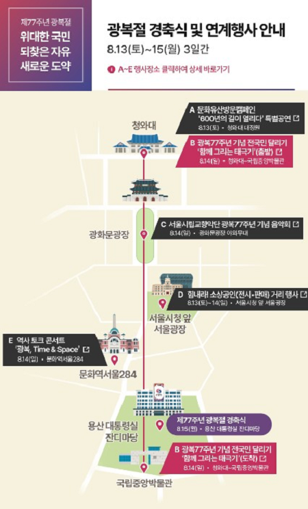 8월 13일부터 15일까지 3일간 용산 대통령실 잔디마당, 광화문광장 등에서 광복절 경축행사가 이어진다.(출처=정책브리핑)