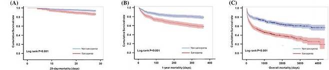 패혈성 쇼크 환자 중 근감소증이 있는 환자군(붉은색)과 근감소증이 없는 환자군(파란색)의 누적 생존율에 차이가 나타났다. 왼쪽부터 각각 단기·중기·장기 추적 결과로, 우하향 기울기가 높아질수록 생존율이 낮아졌다.&nbsp; &nbsp;세브란스병원