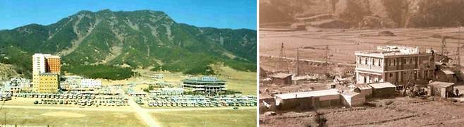 80년대 초 부곡 하와이 주변 풍경(왼쪽), 부곡온천단지에 세워진 최초의 건물(오른쪽) [창녕군 제공]