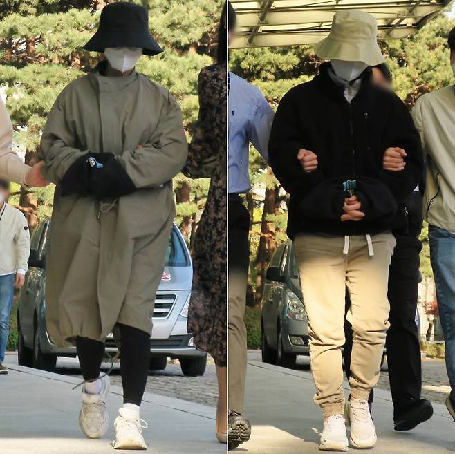 지난 4월16일 오후 경기 덕양구 오피스텔에서 검거된 ‘계곡살인’ 용의자 이은해(왼쪽)씨와 조현수 씨가 인천지검으로 압송되고 있다. /사진=뉴시스