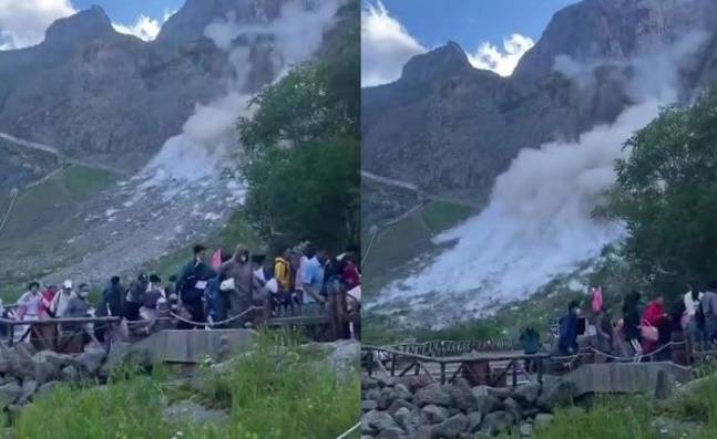 지난 9일 오후 4시50분쯤 지린성 백두산 북쪽 코스 용문봉 근처에서 갑작스러운 산사태가 일어나 관광객들이 대피하고 있다. /사진=웨이보