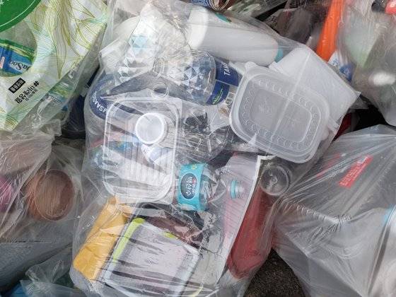 지난 3~6월 부산시 투명페트병 분리배출 실태 점검에서 적발된 배출 원칙 위반 사례. 라벨을 제거하지 않은 투명페트병이 일반 플라스틱 등과 함께 버려져있다. 사진 부산시