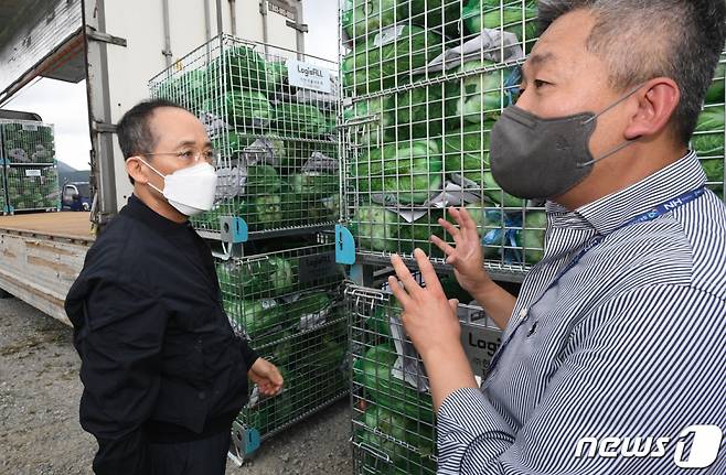 (서울=뉴스1) 포토공용 기자 = 추경호 경제부총리 겸 기획재정부 장관이 13일 강원도 강릉에 위치한 고랭지 배추밭을 방문해 배추 생육상태를 점검하고 있다. (기획재정부 제공) 2022.8.13/뉴스1  Copyright (C) 뉴스1. All rights reserved. 무단 전재 및 재배포 금지.