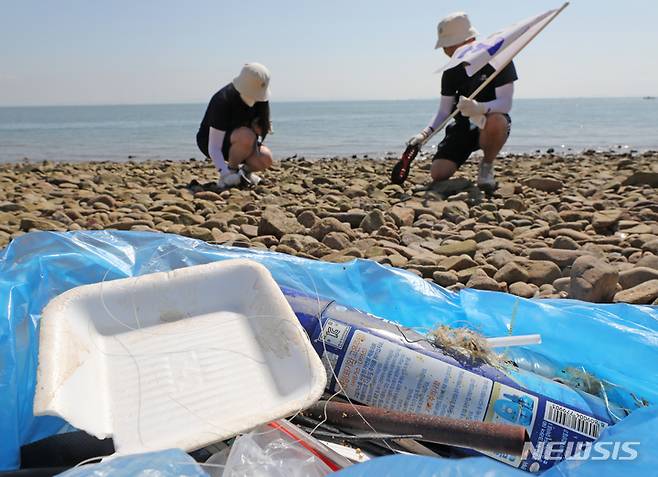 [인천=뉴시스] 김금보 기자 = '2022년 대한민국 해양문화 대장정'에 참가한 대원들이 12일 오전 인천 옹진군 소이작도에서 해안선을 따라 해양정화활동을 하고 있다. 해양수산부가 주최하고 한국해양재단이 주관해 11일부터 18일까지 7박8일의 일정으로 진행되는 올해 해양문화 대장정에는 대학생 151명이 참가해 동해팀과 서해팀, 남해팀으로 나눠 독도(최동단), 백령도(최북단), 마라도(최남단) 등 우리나라 끝단 도서와 주요 해양 영토를 탐방한다. 2022.08.12. kgb@newsis.com