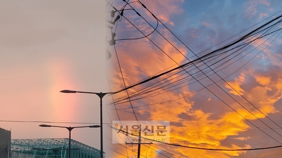 지난달 말 장마 기간의 새벽 하늘을 담았다. 서울 영등포구에서 포착된 무지개와 주홍색 하늘이 눈에 띈다. 강민혜 기자