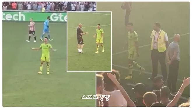 맨유 크리스티아누 호날두가 14일 브렌트퍼드전 완패 후 팬에게 인사하라는 코치의 말을 듣지 않고 에릭 텐 하흐 감독까지 지나쳐 먼저 퇴장하고 있다. 스포츠바이블 캡처