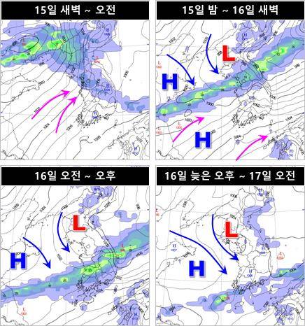 15일부터 17일 오전까지 비구름대와 기압계 위치 모식도. [기상청 제공. 재판매 및 DB 금지]