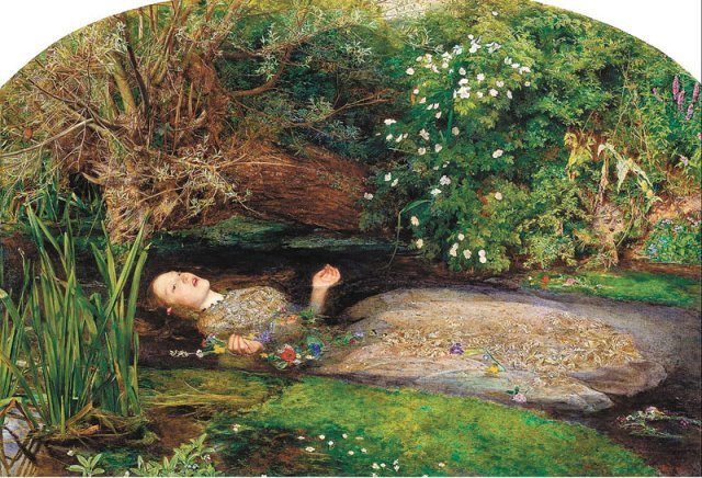 19세기 영국 화가 존 에버렛 밀레이의 ‘오필리아’. 윌리엄 셰익스피어의 비극 ‘햄릿’에 나오는 주인공 햄릿의 연인인 오필리아가 
물에 빠져 죽어가는 모습을 그렸다. 미모와 죽음을 병치시켜서 상황의 비극성과 여성의 아름다움을 두드러지게 하고 있다. 사진 출처 
위키피디아