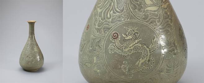 호림박물관이 개관 40주년 특별전 ‘상감’을 열고 있다. 사진은 고려 청자의 상감기법이 돋보이는 ‘청자 상감 동채 연당초용문 병’(14세기, 보물)과 세부 모습. 호림박물관 제공