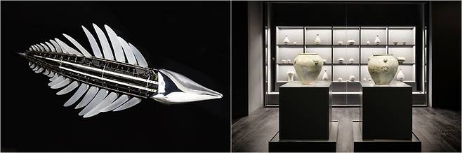 최우람 작가의 조각설치 ‘Ultima Mudfox’(왼쪽)과 특별전 ‘상감’  전시장 일부 모습. 호림박물관 제공