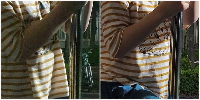 14일 늦은 밤 평소에 사용하던 스마트폰(갤럭시노트10플러스)과 갤럭시Z플립4를 들고 아이와 함께 집 앞 놀이터에서 사진을 찍었다. 야간 모드가 아닌, 일반 모드로 촬영했지만 플립4로 찍은 사진(오른쪽)은 선명하고 노이즈가 많이 끼지 않았다.