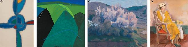 ①김환기의 1970년작 무제(캔버스에 유채, 121.5×86.5㎝, 전남도립미술관 소장, ⓒ(재)환기재단·환기미술관). ②유영국의 1974년작 산(캔버스에 유채, 135×135㎝, 대구미술관 소장). ③오지호의 1980년작 복사꽃이 있는 풍경(캔버스에 유채, 48.5×60㎝, 전남도립미술관 소장). ④이인성의 1934년작 노란 옷을 입은 여인상( 종이에 채색, 75×60㎝, 대구미술관 소장).