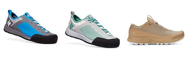 접지력이 좋은 어프로치 슈즈와 일반 등산화.