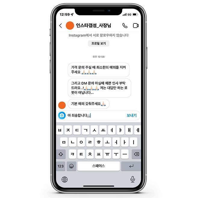 합장 이모티콘을 사용한 가상의 인스타그램 대화 예시. /한경진 기자