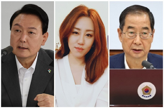 (왼쪽부터) 윤석열 대통령, 조성은씨, 한덕수 국무총리. <조성은 SNS, 연합뉴스>