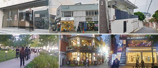 1 7월 12일 연희동 상권 중심에 있는 ‘사러가 쇼핑센터’ 인근 상가. 건물 창가와 유리벽에 ‘임대문의’가 붙어있다. 2 연희동 일대 단독주택. 인근 공인중개업소 관계자에 따르면 거주자가 없는 빈집 상태다. 3 7월 12일 연남동 일대 경의선 숲길. 산책하는 사람들과 인근 상가를 찾는 손님들을 쉽게 볼 수 있다. 4 연남동 일대 상가가 손님들로 붐비고 있다. 사진 최온정 기자