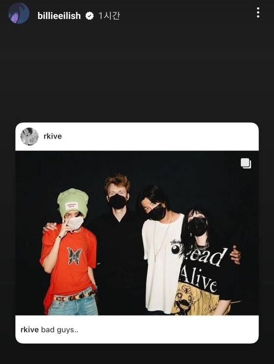 빌리아일리시 내한 공연은 BTS RM, 제이홉도 찾았다. 빌리아일리시도 공연 다음날 RM의 인스타그램 게시물을 캡쳐해 SNS에 올리며 화답했다. 빌리 아일리시 인스타그램 캡쳐