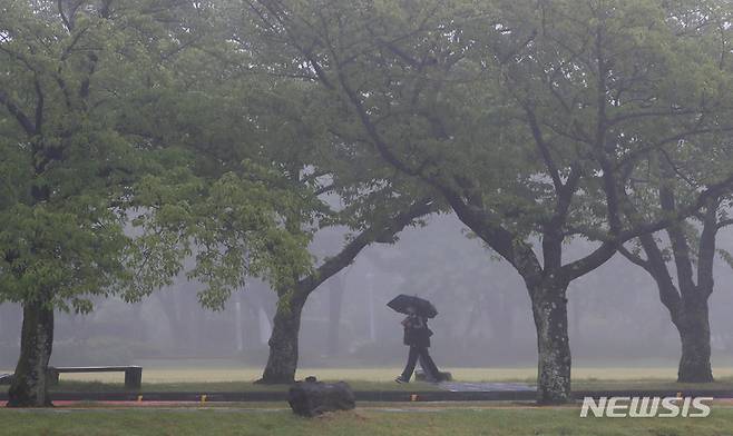 [제주=뉴시스] 우장호 기자 = 올해 첫 장맛비가 내리는 지난 6월 21일 오전 제주시 아라동 제주대학교에서 우산을 쓴 학생들이 걸어가고 있다. 기상청에 따르면 제주도에 머물던 정체전선은 잠시 소강상태를 보이다가 23일 새벽 이후 다시 활성화해 전국에 비를 뿌릴 것으로 전망됐다. 2022.06.21. woo1223@newsis.com