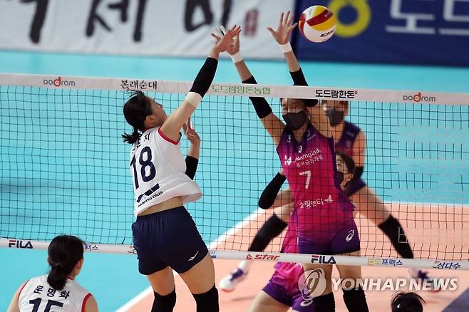 공격 시도하는 권민지 (순천=연합뉴스) 정회성 기자 = 17일 전남 순천시 팔마체육관에서 열린 2022 순천·도드람컵 프로배구대회 여자부 조별예선 흥국생명과 GS칼텍스의 경기. 1세트 GS칼텍스 권민지가 공격하고 있다. 2022.8.17 hs@yna.co.kr