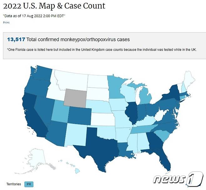 8월17일 기준 미국 내 원숭이 두창 확진자 수가 1만3500명을 초과했다. (미 질병예방통제센터, CDC 갈무리)
