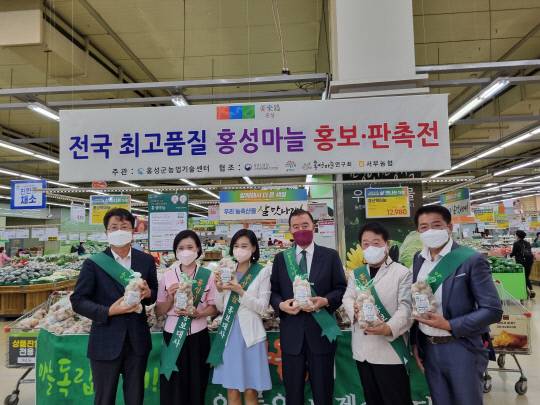 홍성군은 17일 홍성마늘의 국내 소비 촉진을 위해 농촌진흥청과 함께 양재동 농협 하나로클럽에서 홍보판촉 행사를 진행했다. 사진=홍성군 제공