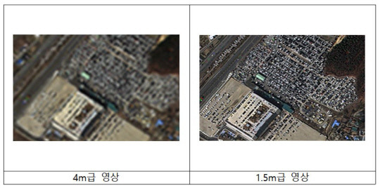 해상도 규제완화 사례. 4m급은 자동차 형체 구분이 가능하고 1.5m급은 자동차 유형을 식별할 수 있다. 사진=국무조정실 제공