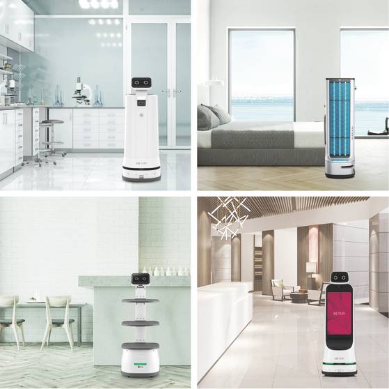 왼쪽 상단부터 시계 방향으로 LG 클로이 서브봇(서랍형)·LG 클로이 UV-C봇·LG 클로이 가이드봇·LG 클로이 서브봇(선반형). LG전자 제공