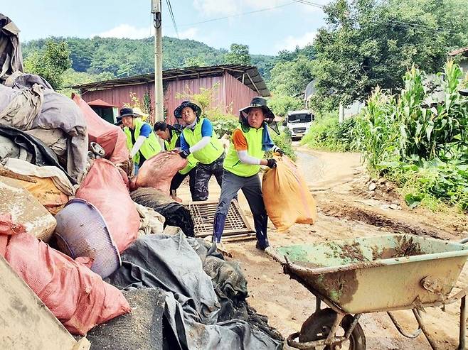 농협 상호금융 임직원들이 지난 17일 충남 부여군 관내 집중호우 피해 농가를 찾아 수해복구 작업을 하고 있다. (오른쪽) 조소행 농협 상호금융대표이사. 농협 제공