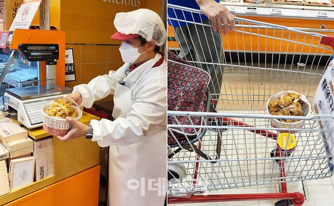 17일 오후 서울 마포구 홈플러스 합정점 델리 조리식품 코너 직원이 6990원 가격표를 뽑아 ‘당당치킨’에 부착해 판매하는 모습(사진 왼쪽)과 이날 일찍 줄을 서 구매에 성공한 한 소비자 쇼핑 카트에 ‘당당치킨’ 1마리가 담겨 있는 모습. (사진=김범준 기자)