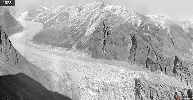 [서울=뉴시스]유럽 알프스 산맥에 존재하는 빙하 전체의 절반을 차지하는 스위스의 약 1400개 빙하들이 1931년 이후 2016년까지 85년 동안 약 절반이 줄어들었지만, 2016년 이후 현재까지 단 6년 동안에만 12%가 추가로 줄어들어 빙하의 사라지는 속도가 훨씬 빨라졌다는 새로운 연구 결과가 발표됐다. 사진은 1928년 스위스 베른 칸톤의 피셔 빙하의 모습. <사진 출처 : ETH 취리히> 2022.8.22