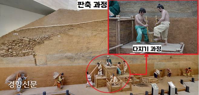 풍납토성의 판축 복원모형. ‘판축(版築)’은 나무판 등으로 틀을 사각형 형태로 만들고, 그 안에 넣은 흙이나 모래를 층층이 방망이 등으로 찧어 단단하게 쌓아올리는 축성기법이다. |한성백제박물관 제공