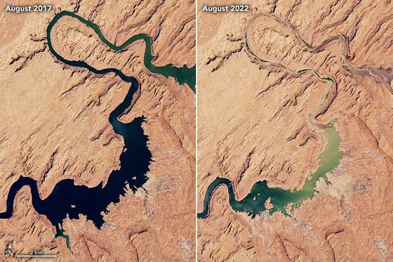 미국에서 두 번째로 큰 저수지인 파월 호수가 말라가고 있다. 왼쪽부터 2017년 8월과 2022년 8월 파월 호수의 모습. 사진 NASA