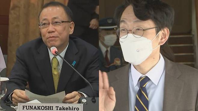 [서울=뉴시스] 후나코시 다케히로 일본 외무성 아시아대양주국장은 26일 일본 도쿄 외무성에서 이상렬 외교부 아시아태평양국장과 강제징용 문제를 협의했다. (사진출처: 일본 TBS 방송) 2022.08.26. *재판매 및 DB 금지