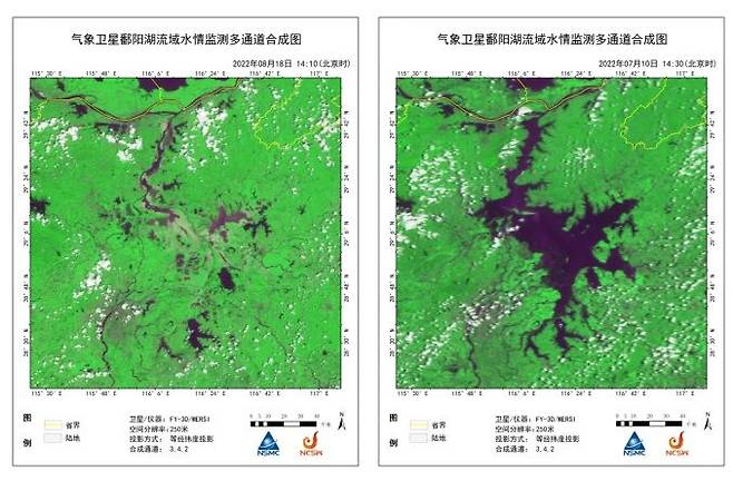 중국 최대 담수호인 포양호의 면적 비교. 왼쪽은 8월 18일, 오른쪽은 7월 10일 촬영한 위성 사진