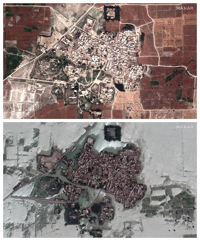 파키스탄 라잔푸르 지역의 홍수 전과 후의 비교 위성 사진이다. 사진 위는 3월 24일 모습이고, 아래 사진은 8월 28일로 마을 주변 물이 범람한 상태를 보여 준다. AP=연합뉴스