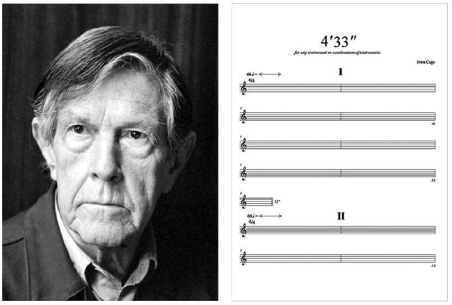 미국의 작곡가 존 케이지(왼쪽 사진)가 1952년 발표한 ‘4분 33초’의 악보. 4분 33초 동안 연주자가 아무 연주도 하지 않는 작품으로 유명하다. 자료사진