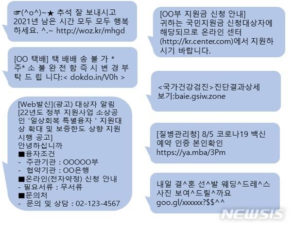 [서울=뉴시스]추석 명절을 앞두고 정부는 택배·금융거래 등을 사칭한 문자 사기를 주의해야 한다고 당부하며 명절 기간 동안 '문자 사기' 피해 방지를 위한 공동 대응에 나선다고 31일 밝혔다. 사진은 추석 명절·택배·지원금·공공기관·백신 접종·지인 등을 사칭하는 스미싱 문자 사례. (사진=방송통신위원회 제공)