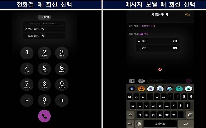 듀얼심 모드에서 전화를 걸 때의 화면 듀얼심 모드로 2개 회선을 사용하면 전화를 걸거나 문자를 보낼 때 메인 회선 또는 보조 회선 가운데 하나를 선택하라는 창이 뜬다. 사진은 예시 화면. [과기정통부 제공=연합뉴스]