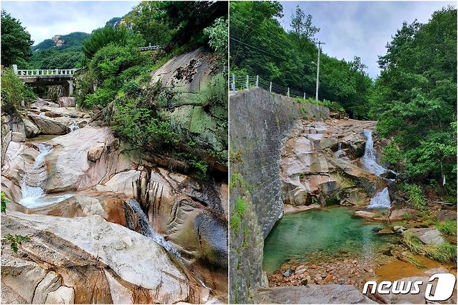 회룡폭포. (왼쪽) 회룡사 밑의 굽이진 암반을 통해 쏟아져 내리는 물이, (오른쪽) 회룡폭포로 떨어지지만, 거대한 석축 때문에 아름다운 풍경이 망가져 있다