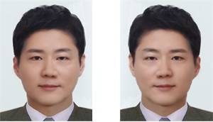배우 A씨의 얼굴과 최훈 교수의 얼굴을 절반씩 합성한 사진(좌)과 이를 대칭한 사진(우). 우뇌의 ‘매력 판단’ 기능에 의해 배우의 얼굴이 왼쪽에 들어간 사진(좌)이 더 매력적으로 보일 수 있다.
