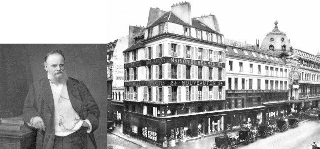 170년 전 근대 백화점의 시초가 된 프랑스 파리 봉마르셰 백화점과 창업자 아리스티드 부시코. [Gettyimage]