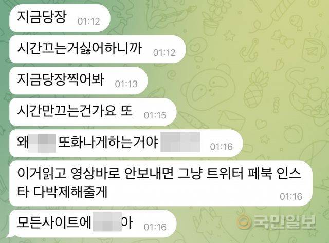 지난 1월 피해자가 텔레그램에서 받은 메시지 중 일부. 엘 혹은 모방범으로 추정되는 인물이 성착취물을 요구하고 있다. 텔레그램 캡처