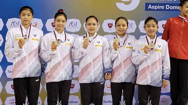 한국 여자 기계체조 대표팀이 아시아선수권대회에서 단체전 은메달을 획득했다. 왼쪽부터 이다영, 이윤서, 여서정, 이은주, 신솔이 (사진=대한체조협회 제공, 연합뉴스)