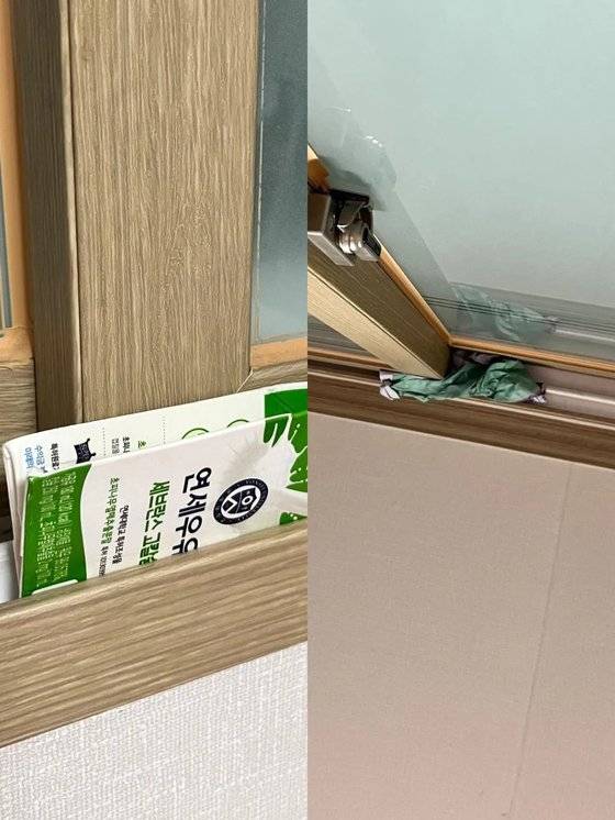 시민들이 5일 태풍 '힌남노'에 대비해 자택 창문에 우유갑과 신문지를 끼워 단단히 고정하고 있다. 사진 독자.