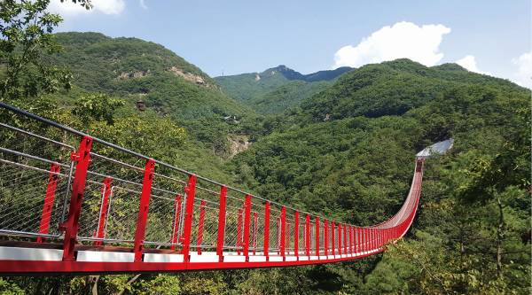 푸른 산과 물빛, 낙조가 조화를 이루는 길이 220m의 파주시 마장호수 출렁다리. 파주시 제공