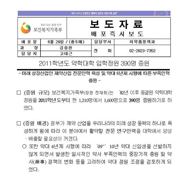 약학대학 정원 확대를 알린 보건복지부 보도자료. 제약산업 전문인력 육성이 주 목적이었다.