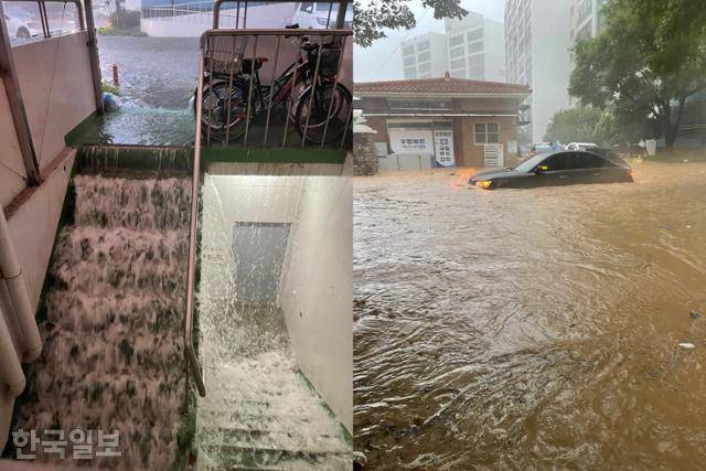 주민 7명이 실종된 경북 포항시 오천읍 아파트 지하로 맑은 물이 쏟아지더니(왼쪽) 잠시 후 하천이 범람, 30분 만에 지상주차장까지 흙탕물로 가득 찼다. 독자 제공